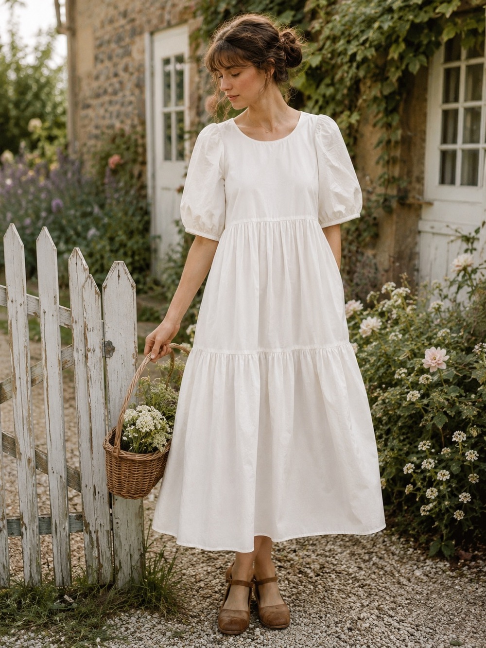 WRAY Rosemary Dress White Tiered 100% Cotton Puff Sleeve Cottagecore Small
